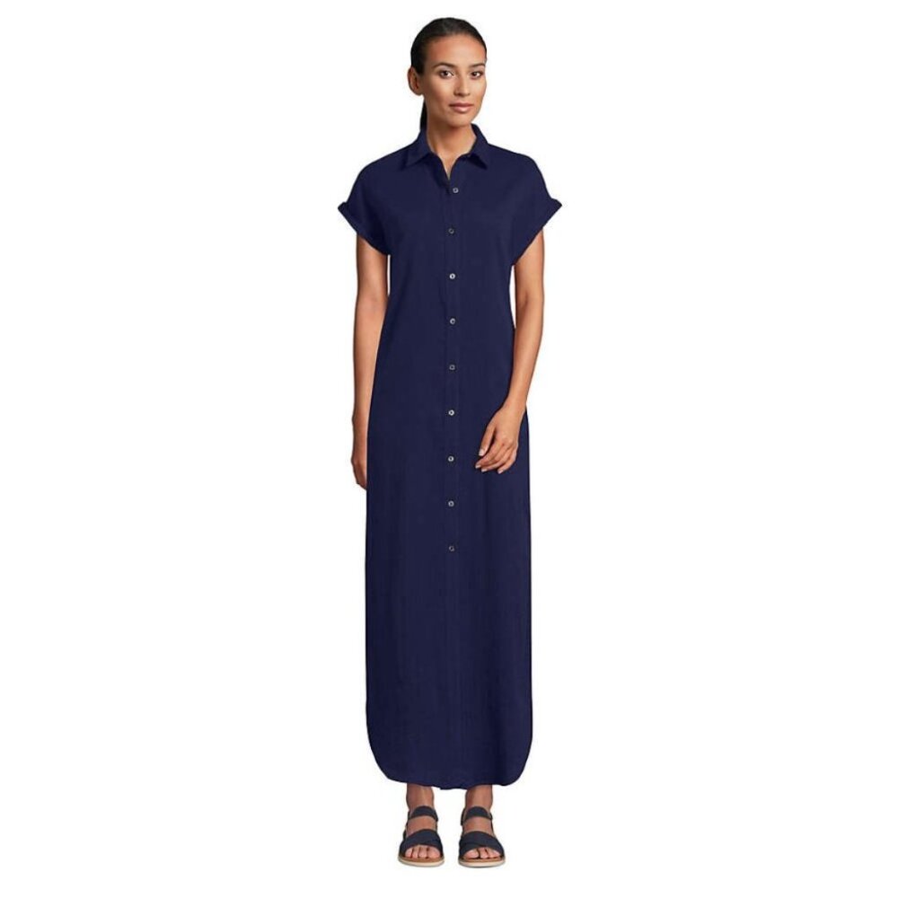 Lands’ End Cotton Gauze Button Front Maxi Dress in Navy